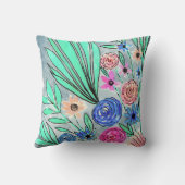 コーラルピンクブルーグリーンウォーター色フラワーアート クッション (裏面)