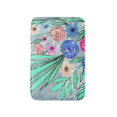 コーラルピンクブルーグリーンウォーター色フラワーアート バスマット (正面縦)