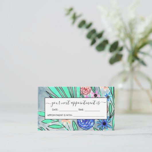 コーラルピンクブルーグリーンウォーター色フラワーアート 予約カード (スタンド正面)