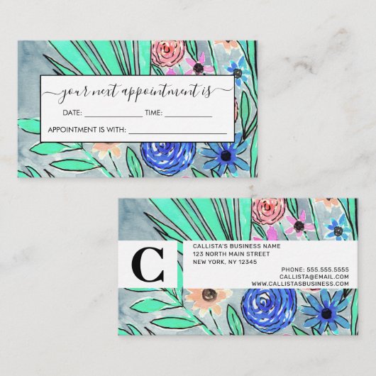 コーラルピンクブルーグリーンウォーター色フラワーアート 予約カード (正面/裏面)