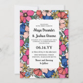 コーラルピンクブルーフラワーズ春サマー結婚ズ 招待状 (正面)