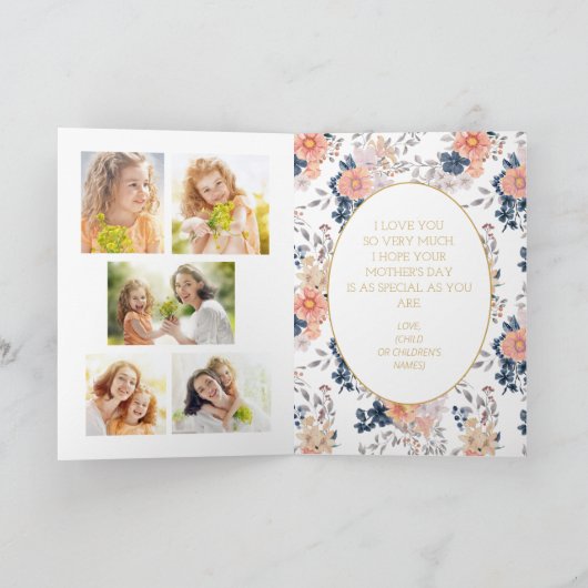 コーラルピンクブルーフローラ母の日5フォトカード カード (内部)