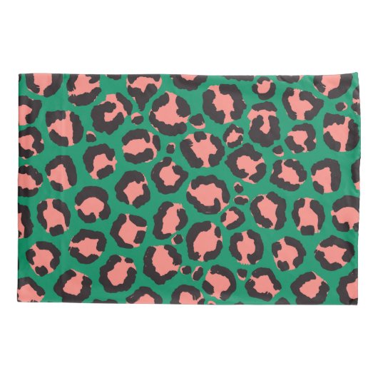 コーラルピンクモダンクブラックグリーンレオパードアニマルプリント 枕カバー (裏面)