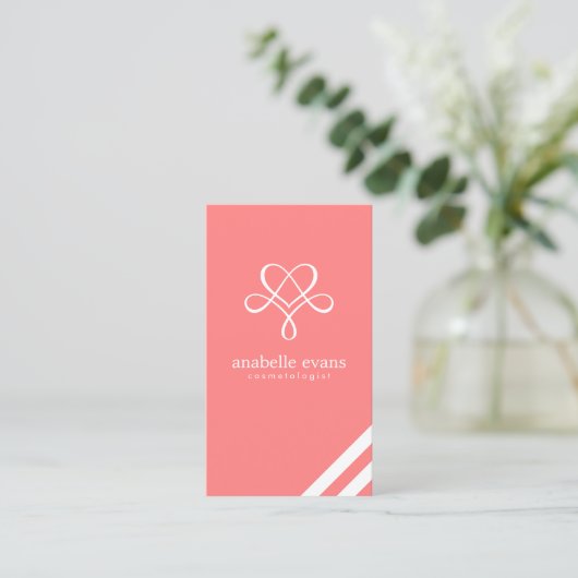 コーラルピンクモダンハートと渦巻き 名刺 (スタンド正面)