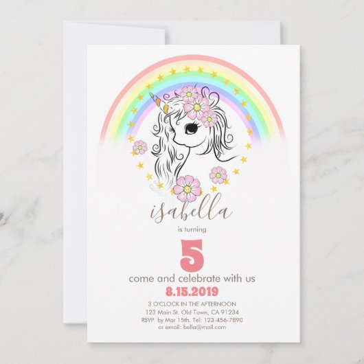 コーラルピンクユニコーンレインボーガール誕生日カード 招待状 (正面)