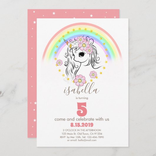 コーラルピンクユニコーンレインボーガール誕生日カード 招待状 (正面/裏面)