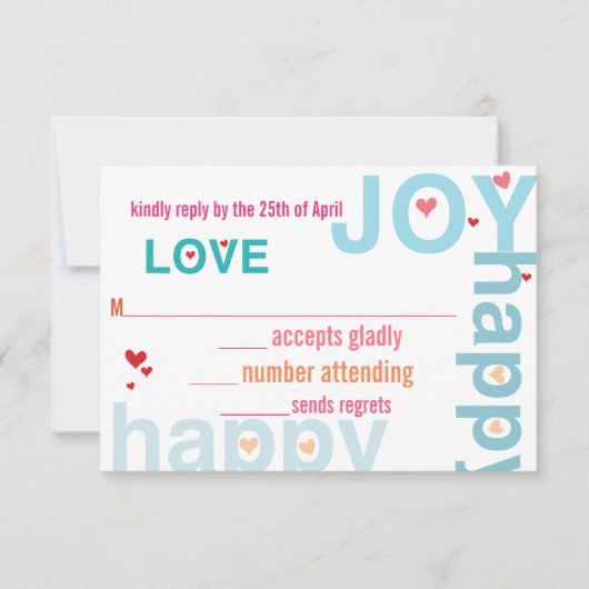 コーラルピンクレッドアクアモダンタイポグラフィウェディングRSVP 出欠カード (正面)