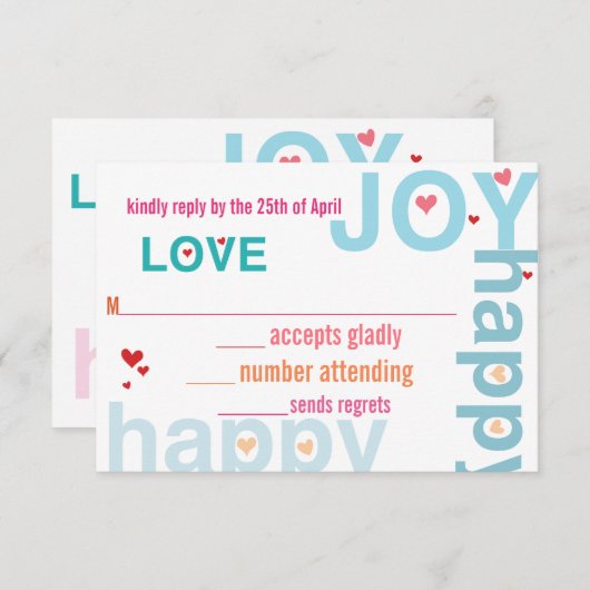 コーラルピンクレッドアクアモダンタイポグラフィウェディングRSVP 出欠カード (正面/裏面)