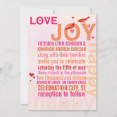 コーラルピンクレッドフローラモダンタイポグラフィラブバード 招待状 (正面)