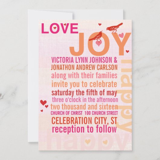 コーラルピンクレッドフローラモダンタイポグラフィラブバード 招待状 (正面)