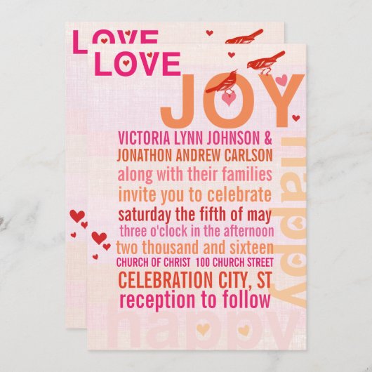 コーラルピンクレッドフローラモダンタイポグラフィラブバード 招待状 (正面/裏面)