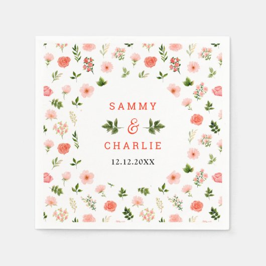 コーラルピンクレッドローズフローラ結婚ズ スタンダードカクテルナプキン (正面)