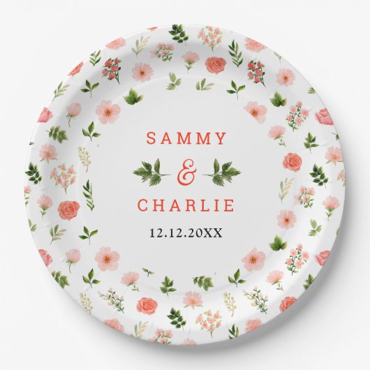 コーラルピンクレッドローズフローラ結婚ズ ペーパープレート (正面)