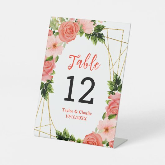 コーラルピンクレッドローズ結婚フローラのテーブル番号 台座サイン (正面)