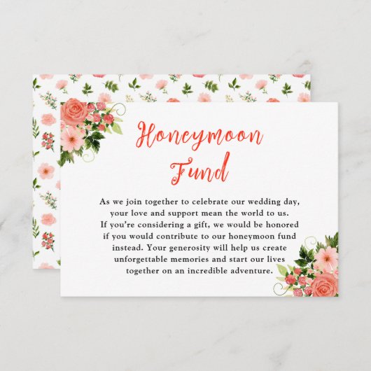 コーラルピンクレッドローズ結婚フローラズハネムーンファンド エンクロージャーカード (正面/裏面)