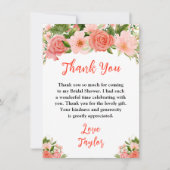 コーラルピンクレッドローゼスフローラブライダルシャワー サンキューカード (正面)