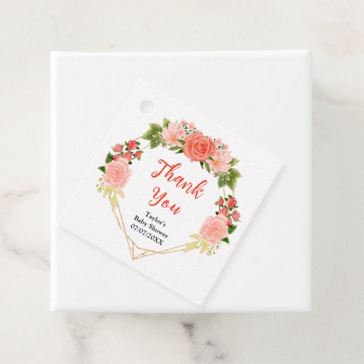 コーラルピンクレッドローゼスフローラベビーシャワーありがとう フェイバータグ (インサイチュ)