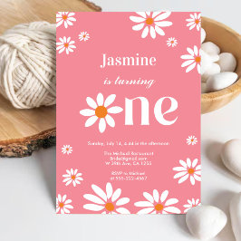 コーラルピンクレトログルービーデイジー花模様1st誕生日 招待状