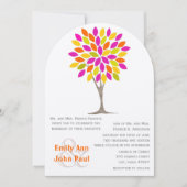 コーラルピンクレモングリーンモダンフラワーツリ結婚ーズ 招待状 (正面)