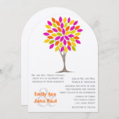 コーラルピンクレモングリーンモダンフラワーツリ結婚ーズ 招待状 (正面/裏面)