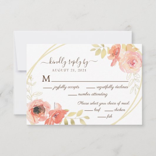 コーラルピンクローズと葉金ゴールドフローラ結婚ズ 出欠カード (正面)