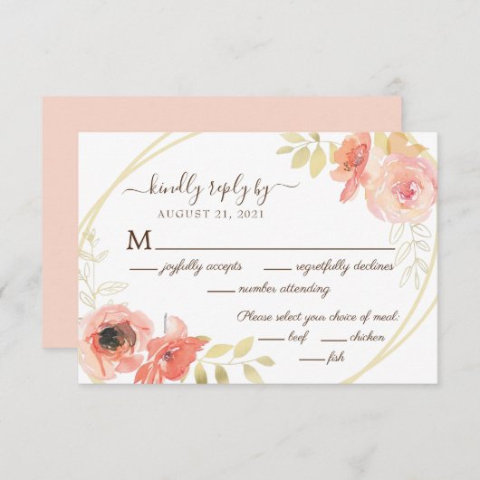 コーラルピンクローズと葉金ゴールドフローラ結婚ズ 出欠カード (正面/裏面)