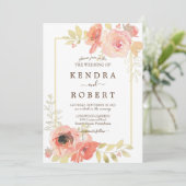 コーラルピンクローズと金ゴールドフレーム結婚フローラ 招待状 (スタンド正面)