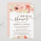 コーラルピンクローズと金ゴールド葉ブライダルシャワー 招待状 (正面/裏面)