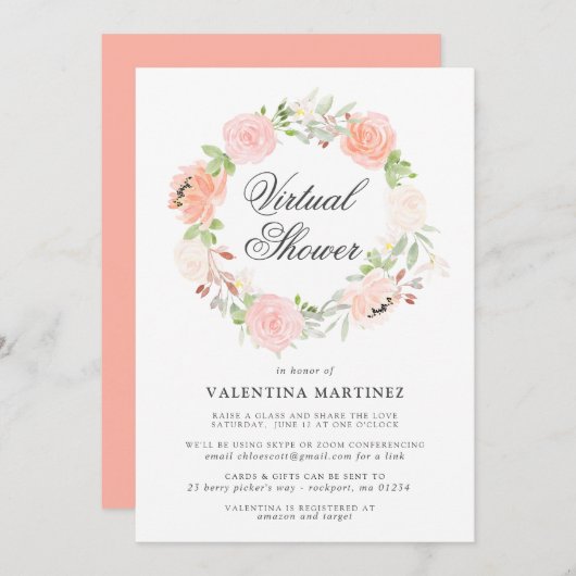 コーラルピンクローズリースバーチャルブライダルベビーシャワー 招待状 (正面/裏面)