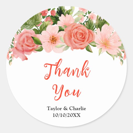 コーラルピンクローズ結婚フローラサンキュー ラウンドシール (正面)