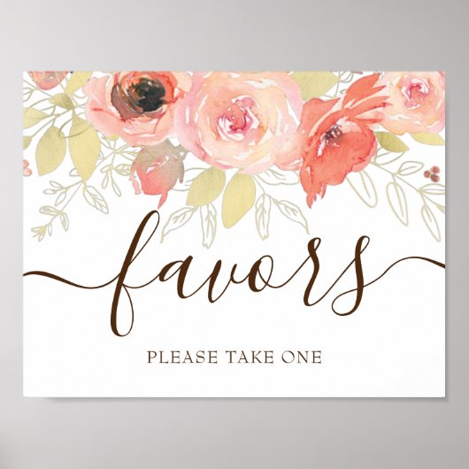 コーラルピンクローズ&金ゴールドリーフ結婚式の引き出物サイン ポスター (正面)