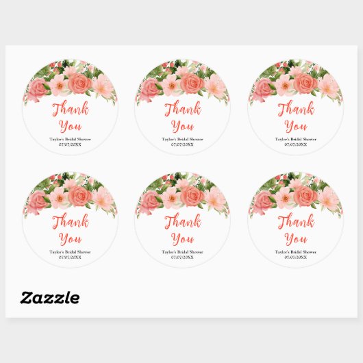 コーラルピンクローゼスフローラブライダルシャワーサンキュー ラウンドシール (シート)