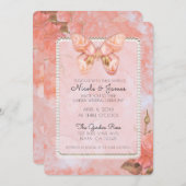 コーラルピンクヴィンテージバタフライバラエレガントウェディング 招待状 (正面/裏面)