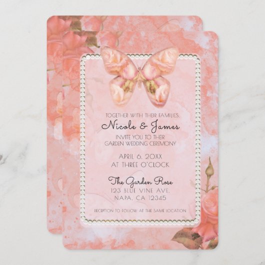 コーラルピンクヴィンテージバタフライバラエレガントウェディング 招待状 (正面/裏面)