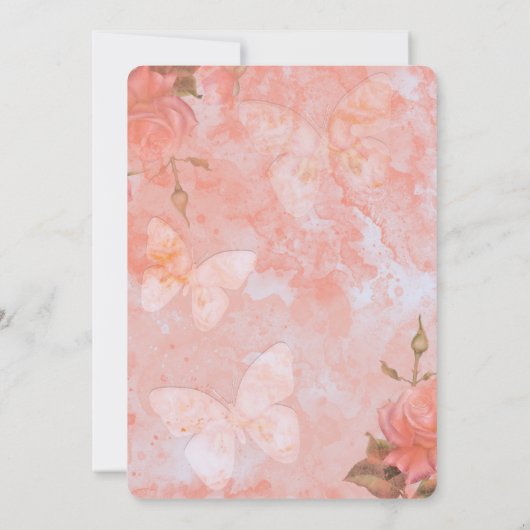 コーラルピンクヴィンテージバタフライバラエレガントウェディング 招待状 (裏面)