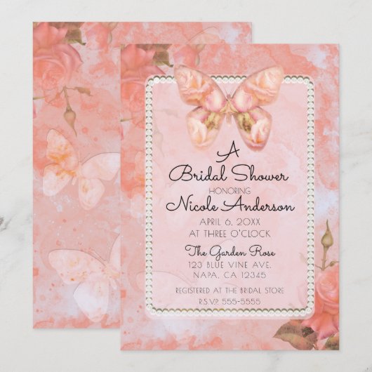 コーラルピンクヴィンテージバタフライバラブライダルシャワー 招待状 (正面/裏面)
