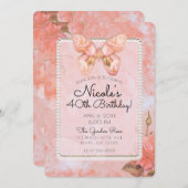 コーラルピンクヴィンテージバタフライバラ誕生日パーティー 招待状 (正面/裏面)
