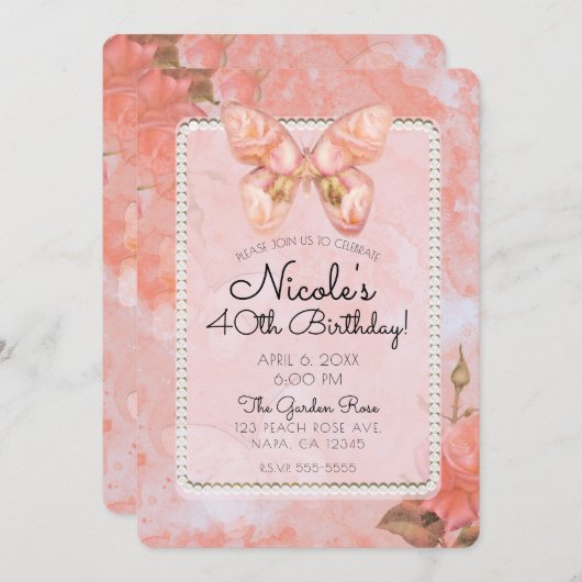 コーラルピンクヴィンテージバタフライバラ誕生日パーティー 招待状 (正面/裏面)