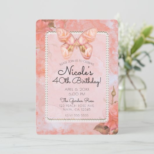 コーラルピンクヴィンテージバタフライバラ誕生日パーティー 招待状 (スタンド正面)