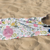 コーラルピンク水彩花模様モノグラム名 ビーチタオル