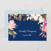 コーラルピンク縁どフローラネイビーブルーウェディングSVP 出欠カード (正面/裏面)