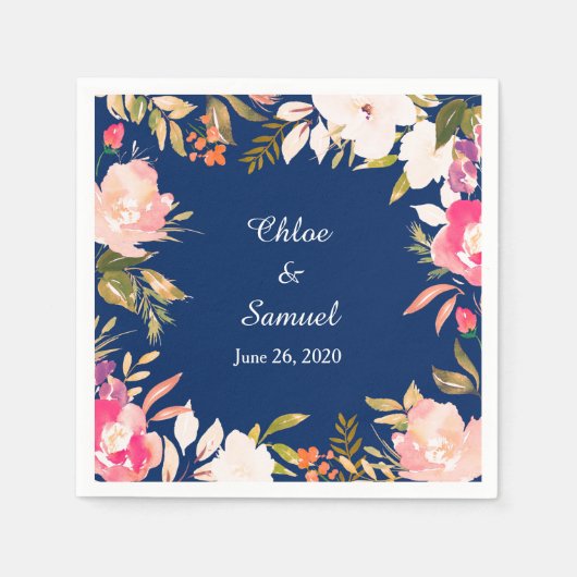コーラルピンク縁ど結婚フローラ スタンダードカクテルナプキン (正面)
