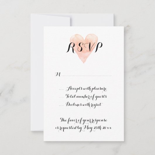 コーラルピンク色のハートRSVP結婚のカード 出欠カード (正面)