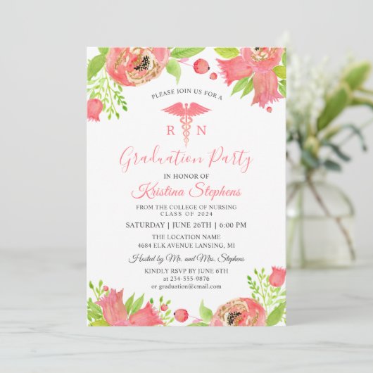 コーラルピンク花看護学校卒業パーティー 招待状 (スタンド正面)