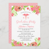 コーラルピンク花看護学校卒業パーティー 招待状 (正面/裏面)