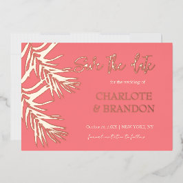 コーラルピンク葉のパームの結婚式の日付を保存 箔招待状