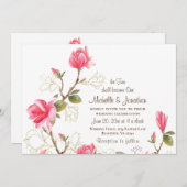 コーラルピンク金ゴールドマグノリアフローラクリスチャン結婚ズ 招待状 (正面/裏面)