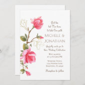 コーラルピンク金ゴールドマグノリアフローラクリスチャン結婚ズ 招待状 (正面/裏面)