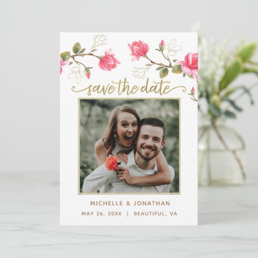 コーラルピンク金ゴールドマグノリアフローラ写真 セーブザデート (スタンド正面)