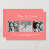 コーラルピンク3枚写真テンプレート結婚式Save the Date セーブザデート (正面/裏面)